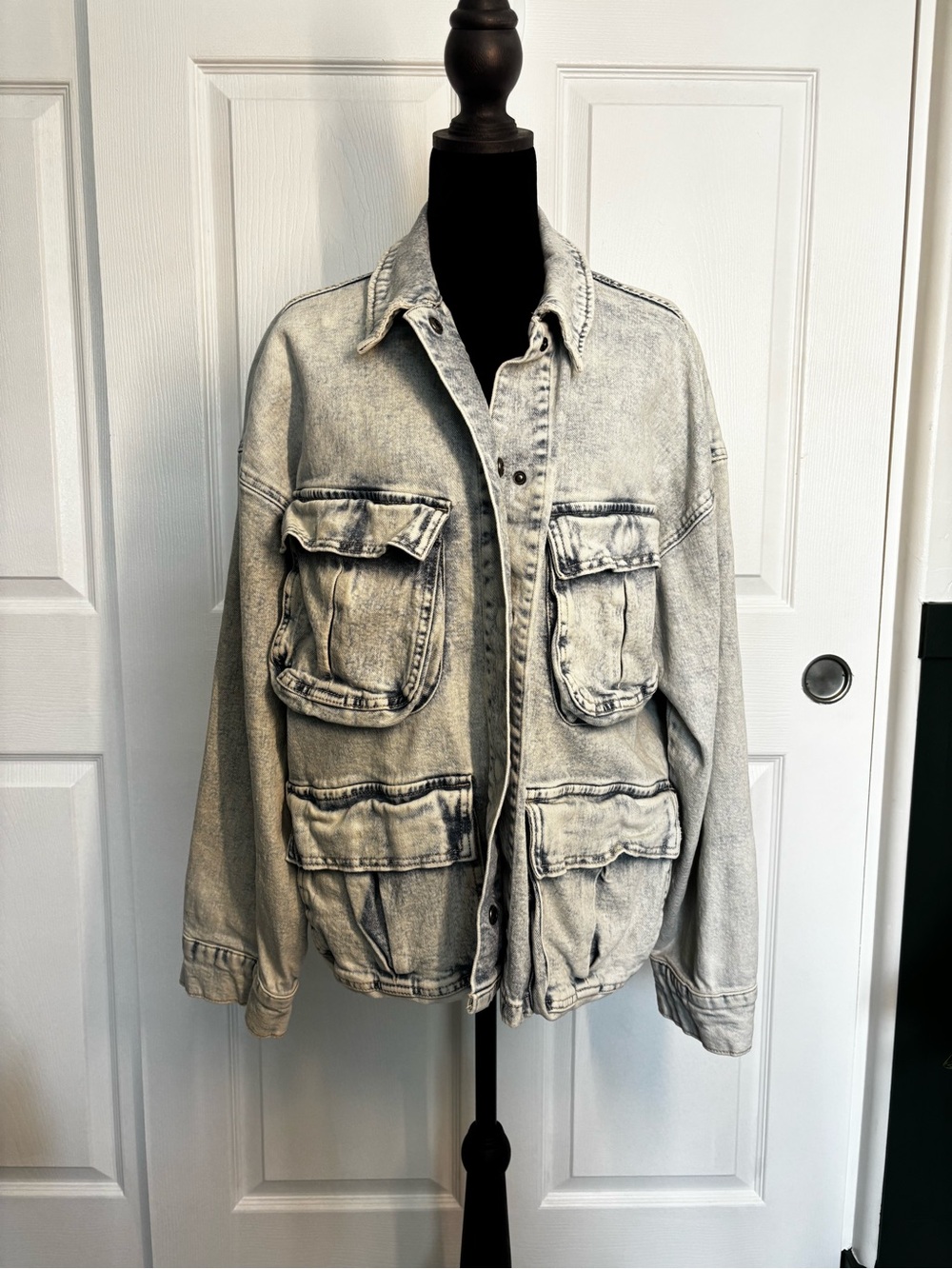 SO Y2K Oversized Denim Utility Jacket Cargo Pocket Acid Wash L